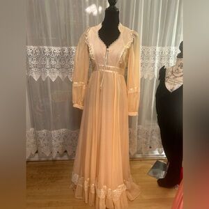 Vintage Peach Sheer Lace Maxi Dress 1970s Romantic Prairie Bohemian toutay bar